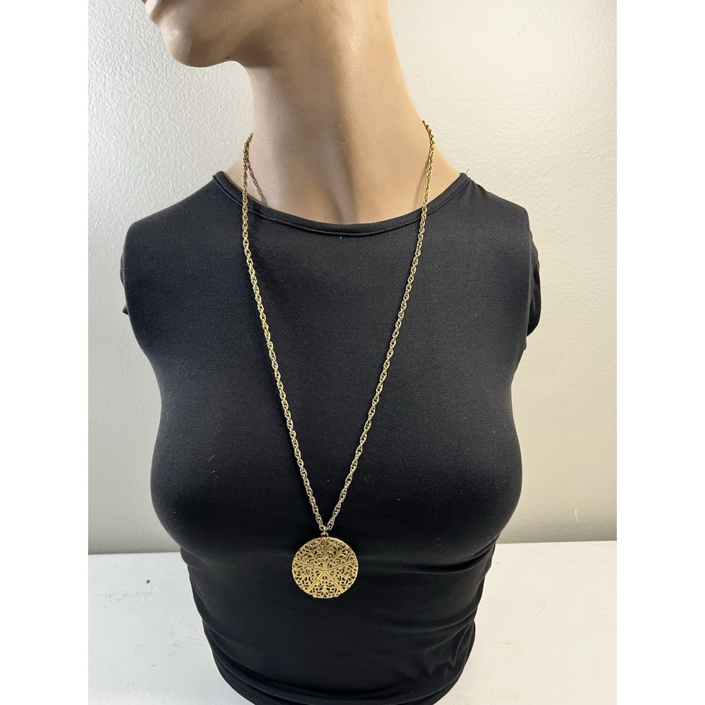 Vintage Crown Trifari Gold Filigree Locket Pendant Necklace 30" Chain MCM Retro